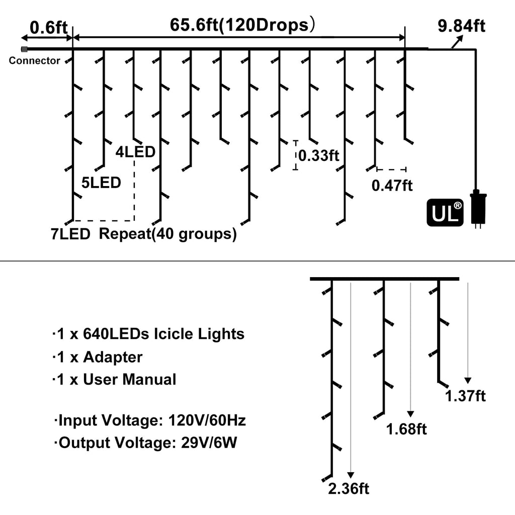 Icicle Lights for Outside Christmas Lights Outdoor 66ft 640 LEDs Warm White