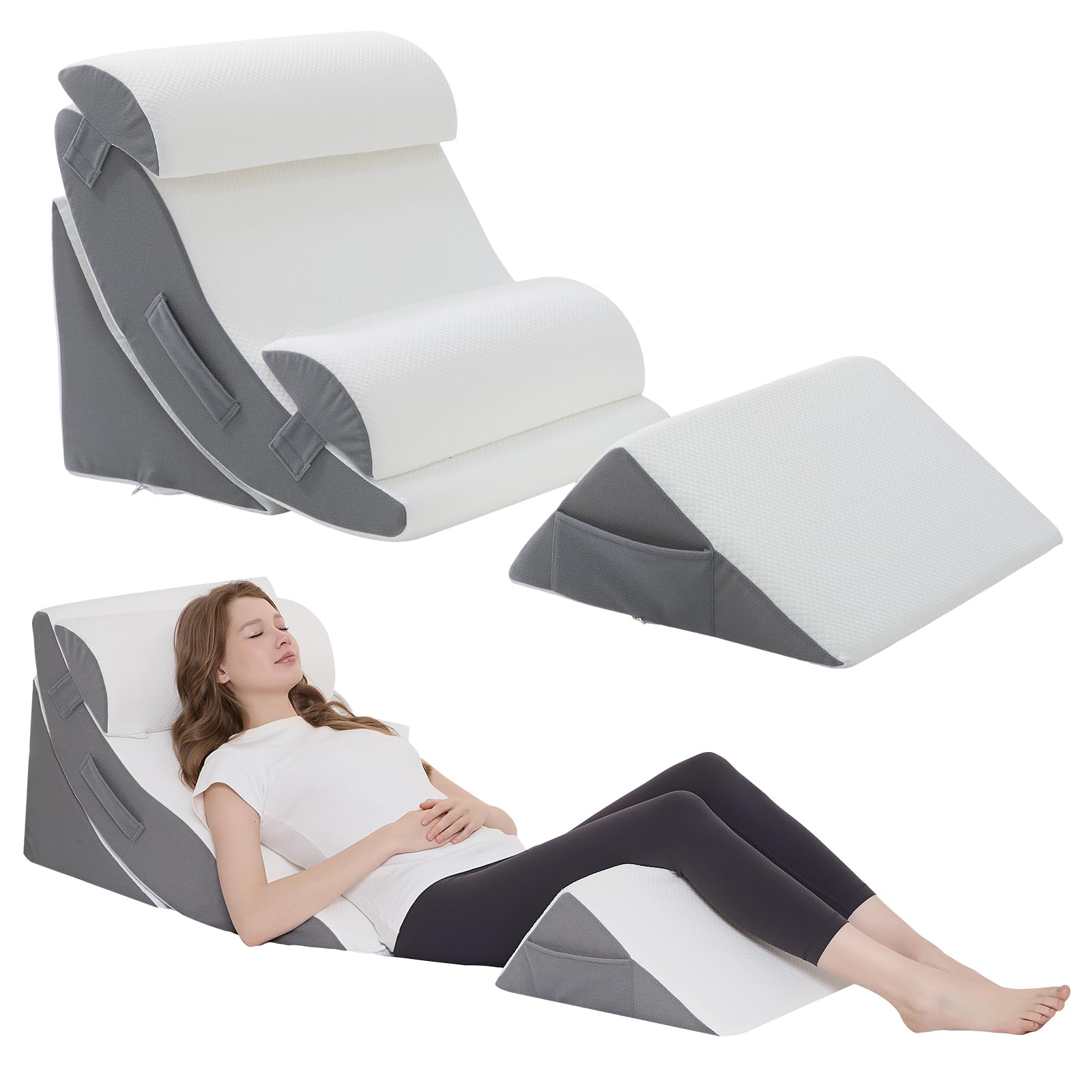 Ziixmile Wedge Pillow Set for After Surgery – 5PCS Orthopedic Bed Wedge Pillow Set for Sleeping, Body, Back and Leg Pain Relief Comfortable & Adjustable Support Pillows-Anti Snoring (Grey)