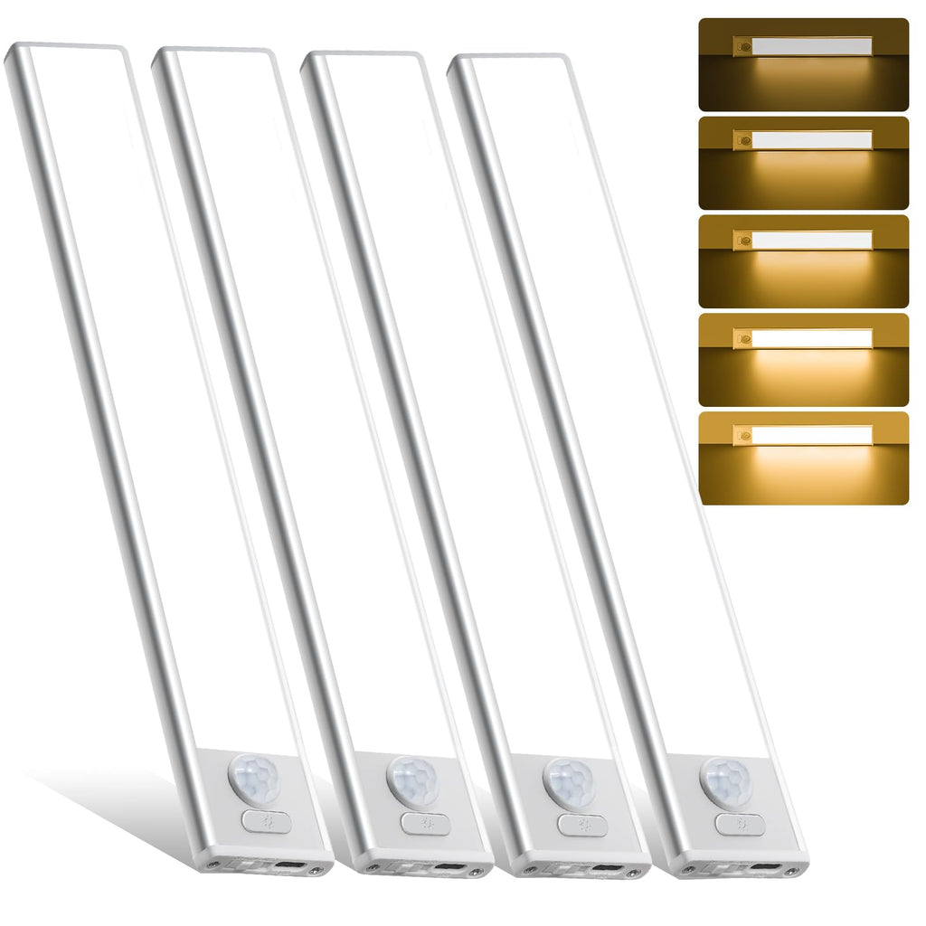 16inch Under Cabinet Lighting, 4 Pack Rechargeable Motion Sensor Light Indoor, Wireless Dimmable Magnetic Closet Lights, 68 LED Under Counter Lights for Kitchen, Wardrobe, Stairs, Warm Light