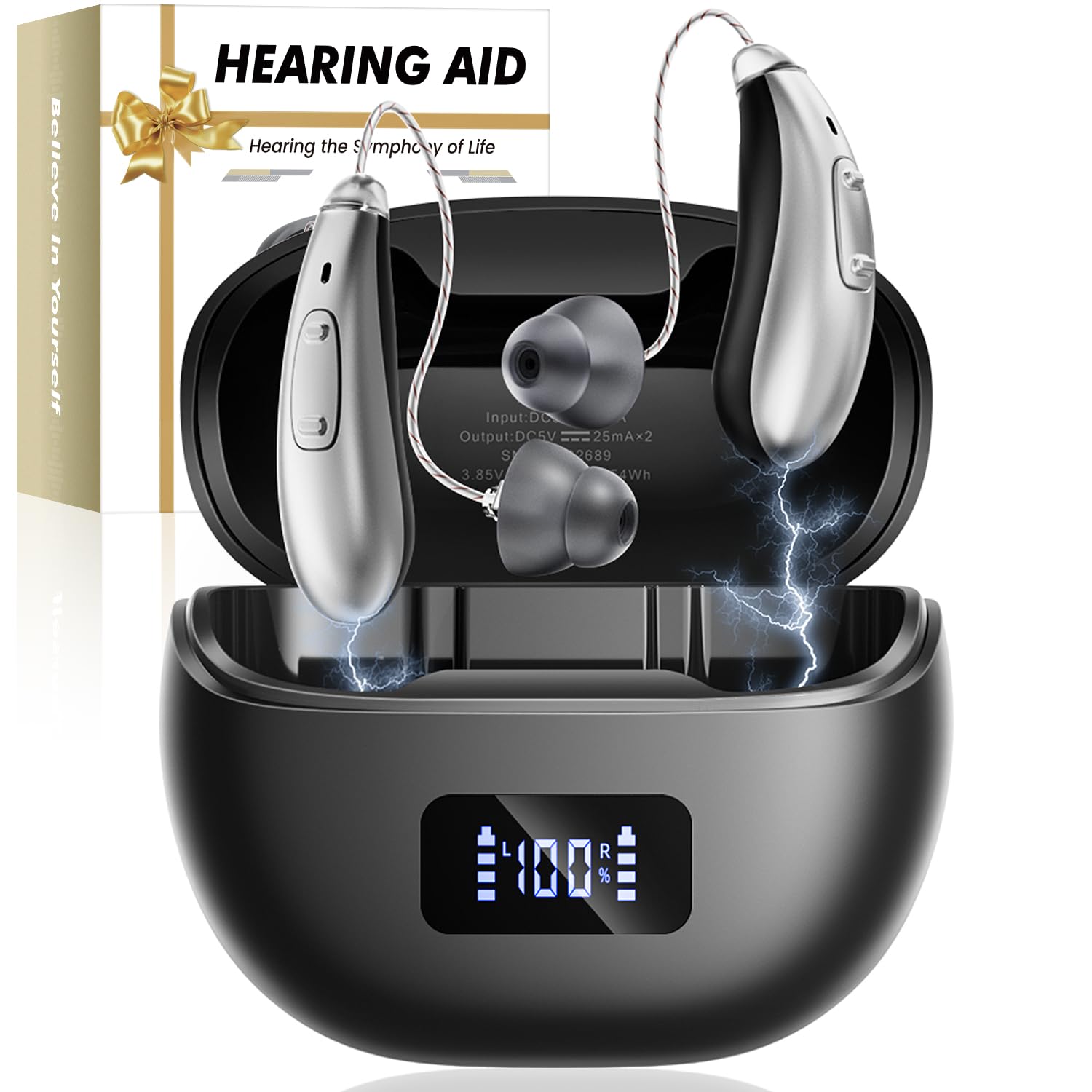 OTC Rechargeable Hearing Aids for Seniors with Automatic Noise Cancelling, LED Display, FSA&HSA Eligible, 5-Level Volume Control for Clear Sound (Black)