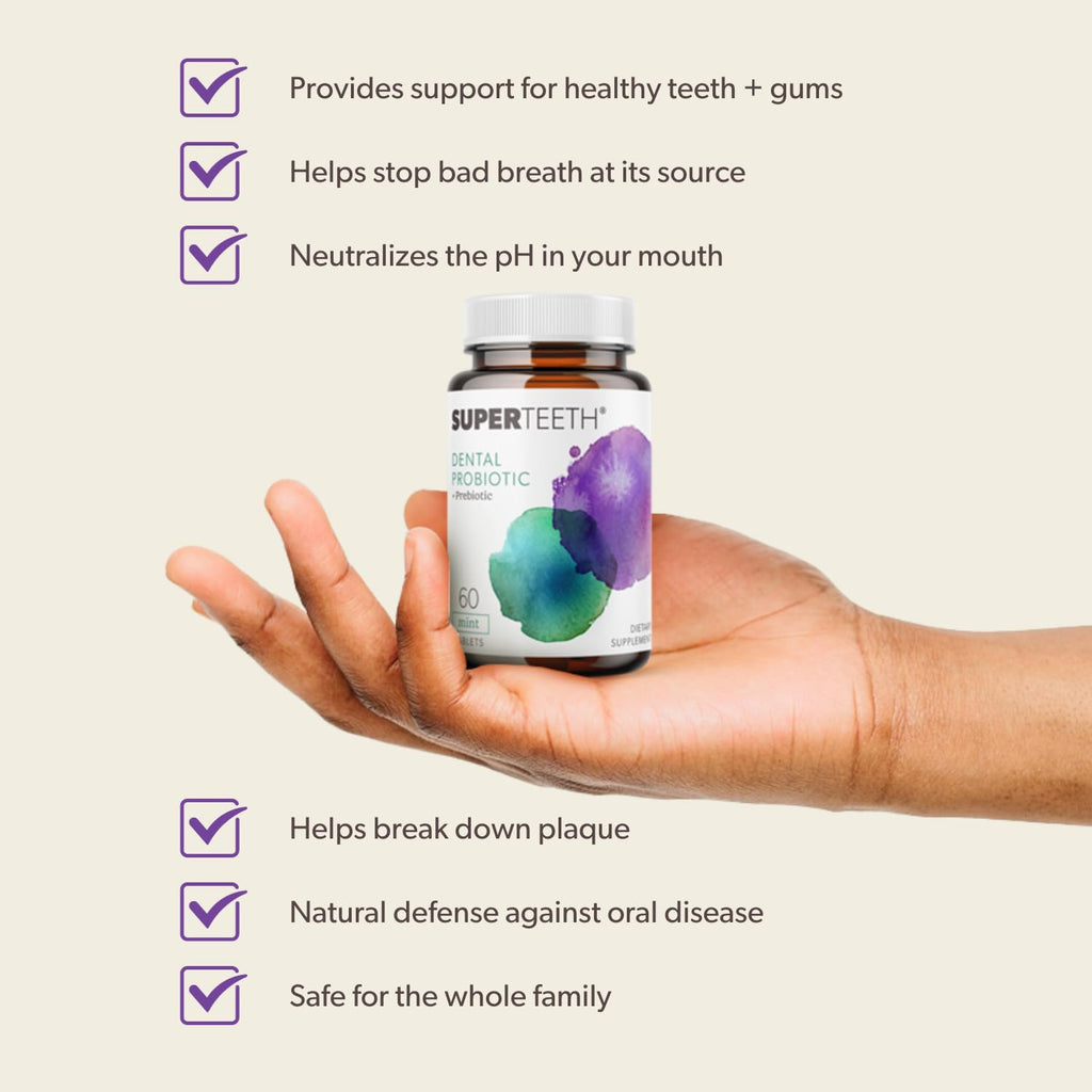 SuperTeeth Oral Probiotics for Mouth Bad Breath & Cavities, Oral Defense Dental Probiotic to Support Healthy Teeth & Gums, Lactobacillus Reuteri Chewable for Kids & Adults, 30 Mint Tablets