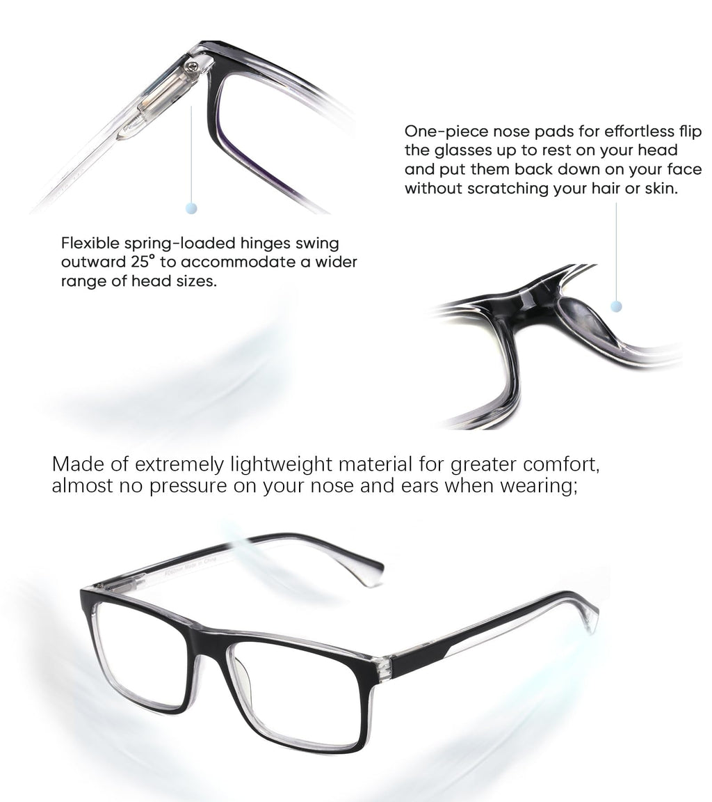 Missfive 2-Pack Mens Light Multifocus Progressive Reading Glasses Blue Light Blocking, Multifocal Spring Hinge No-Line Trifocal Readers Black Eyeglasses(Workspace For Near Range, +2.5)