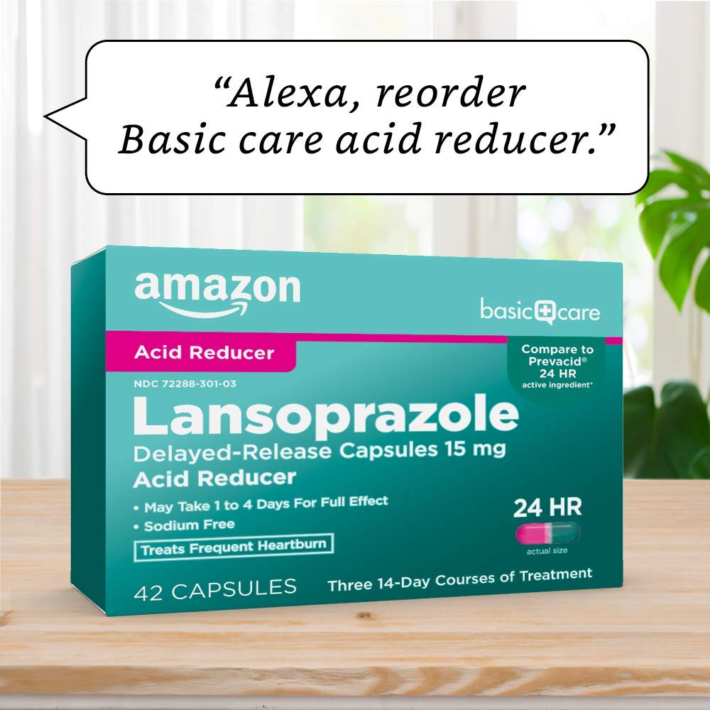 Amazon Basic Care Lansoprazole Delayed Release Capsules, 15 mg, Proton Pump Inhibitor, Treats Frequent Heartburn, 24 Hour Heartburn Medicine, 42 Count (Pack of 2)