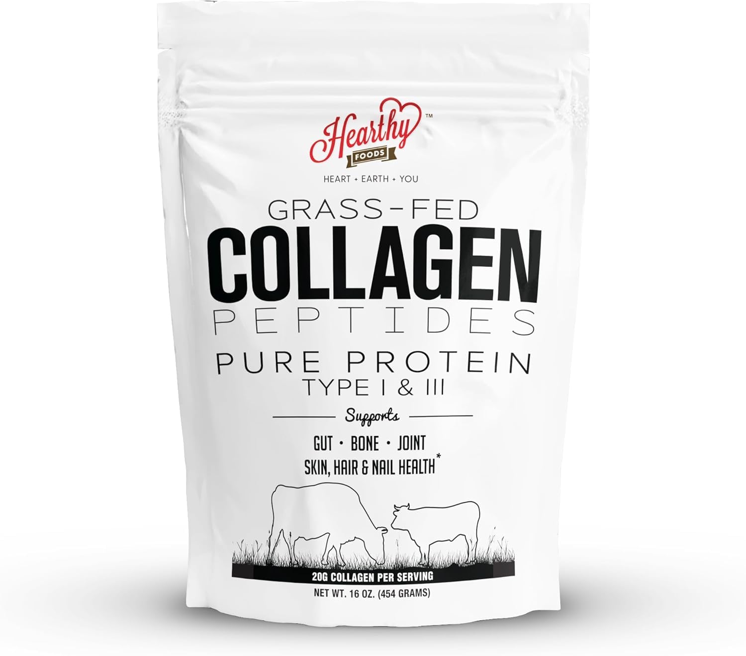 HEARTHY FOODS Collagen Powder - 18g Protein - Pure Halal Collagen Peptides Grass Fed Organic Hydrolyzed Powder | Type I and III Unflavoured Keto Friendly Gluten Free No Sugar Non GMO 16 Oz