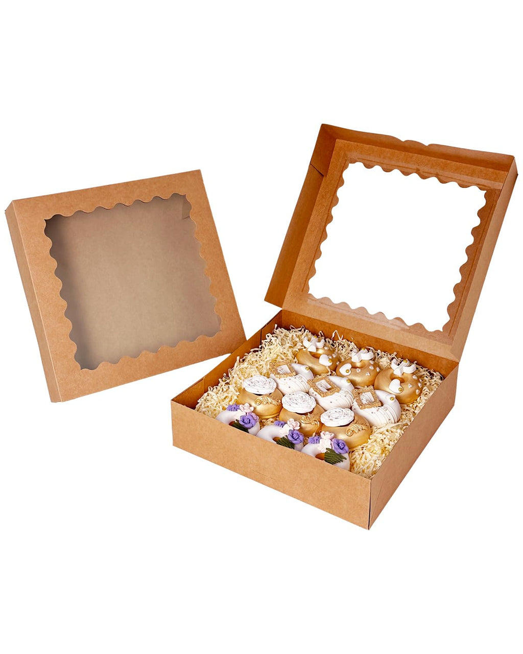 Bakepacker 20pcs Brown Pie Boxes 12x12x3 inches Easy Assemble Macaroon Cookie Boxes Bakery Boxes with Window for Bakery (Auto-pop Up)