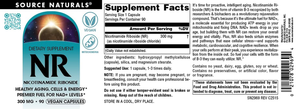 Source Naturals NR, Nicotinamide Riboside, Vegan Dietary Supplement for Mitochondria, Healthy Aging, Cells & Energy*, Premier Fuel for NAD+ Levels, 300 mg - 90 Vegan Capsules