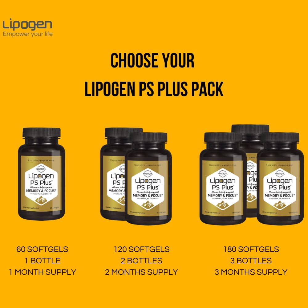 Lipogen PS Plus Brain Supplements for Memory and Focus - Premium Phosphatidylserine Brain Booster for Brain Health - Nootropic - 60 Softgels for One Month Supply
