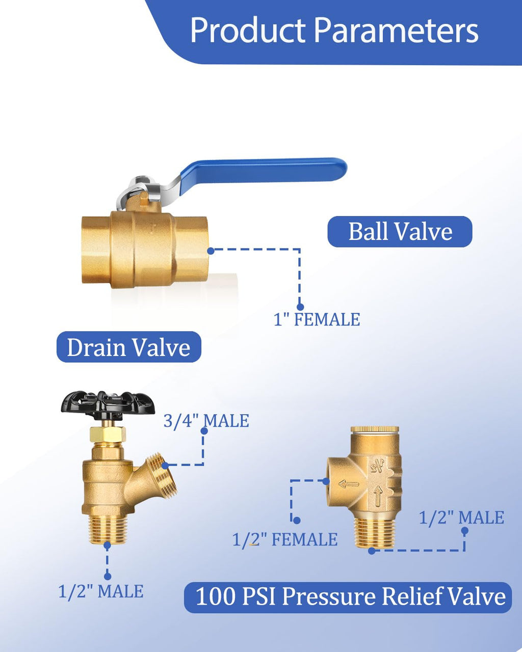 Miumoon 1"x 11"Well Pressure Tank Tee Kit with 40-60Psi Pressure Switch, Ball Valve, 100 Psi Pressure Gauge, Relief Valve, Drain Valve, Well Tank Tee Kit for Pressure Tank with Diameters Up to 16"