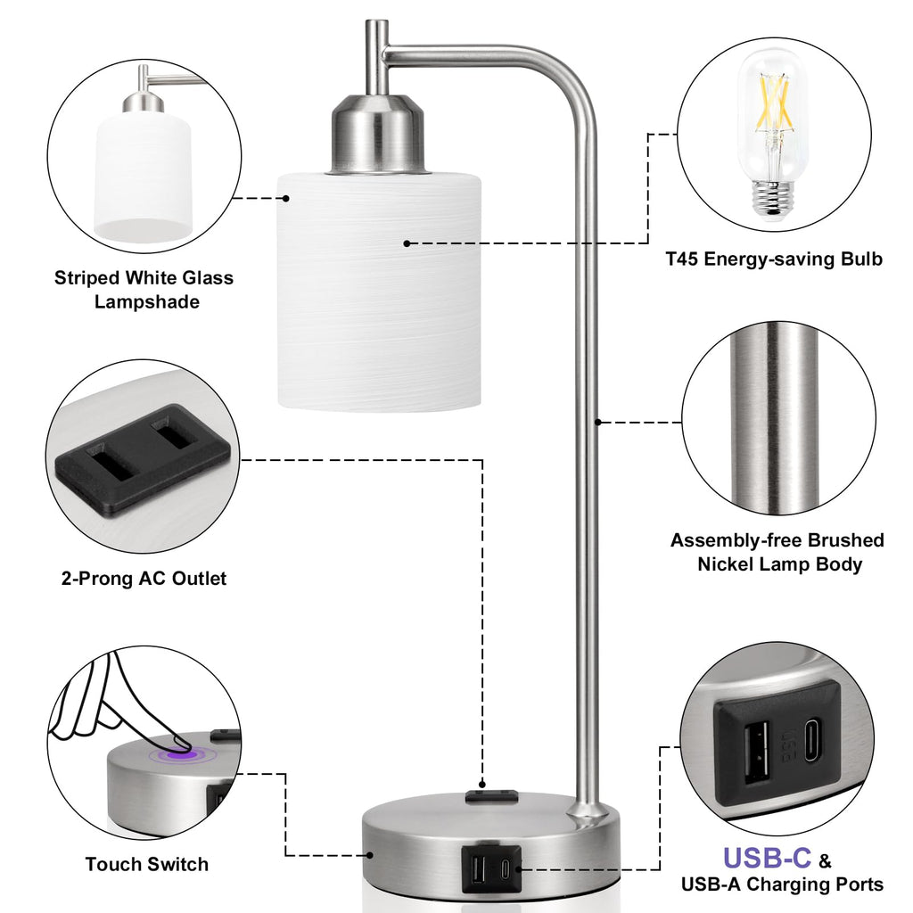 Innqoo Industrial Nickel Table Lamps for Bedrooms Set of 2-3-Way Dimmable Desk Lamp with USB C+A Ports and Outlet, Sliver Lamps with Striped White Glass Shade for Living Room