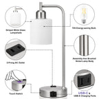 Innqoo Industrial Nickel Table Lamps for Bedrooms Set of 2-3-Way Dimmable Desk Lamp with USB C+A Ports and Outlet, Sliver Lamps with Striped White Glass Shade for Living Room