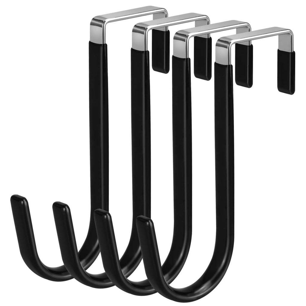 DkOvn 4 Pack Over The Door Hook, Door Hooks, Black Rubber Surface Prevent Scratch Door Hanger Hooks for Bathroom, Living Room, Kitchen, Hanging Clothes, Towels, Bags