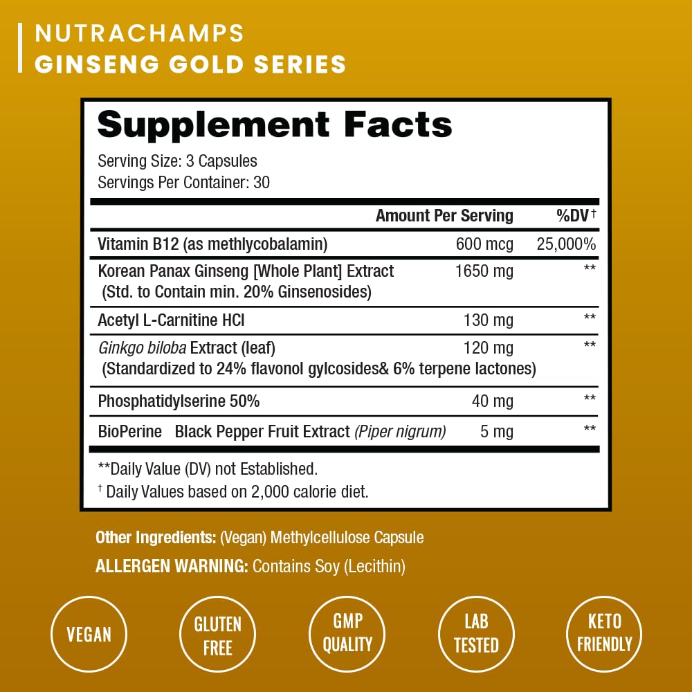 NutraChamps Korean Red Panax Ginseng Capsules | Extra Strength Ginsenosides for Energy, Focus, Performance, Vitality & Immune Support | Korean Red Ginseng Root Extract (90, Premium Gold)