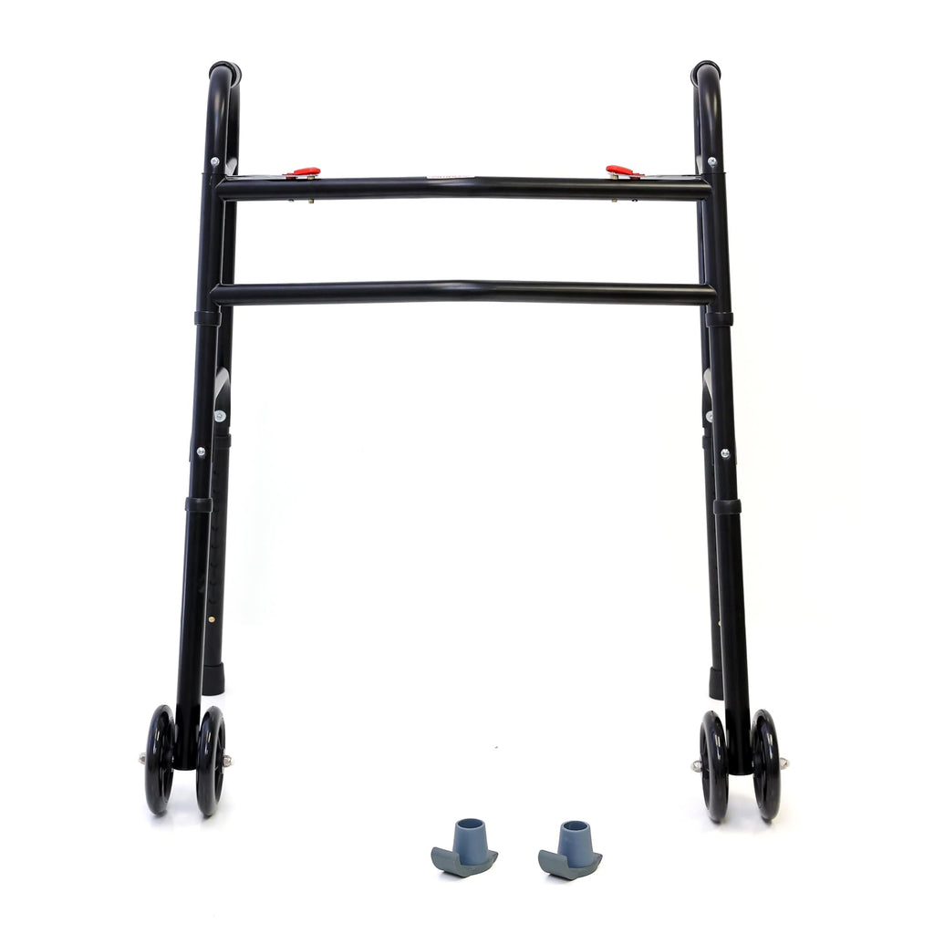 AireMed Bariatric Walker with 5" Wheels – Folding Walker Skis Glides Included - Extra Wide 600 lb Capacity - Adjustable Height - Sturdy Black Steel Frame - Ideal for Seniors and Mobility Support
