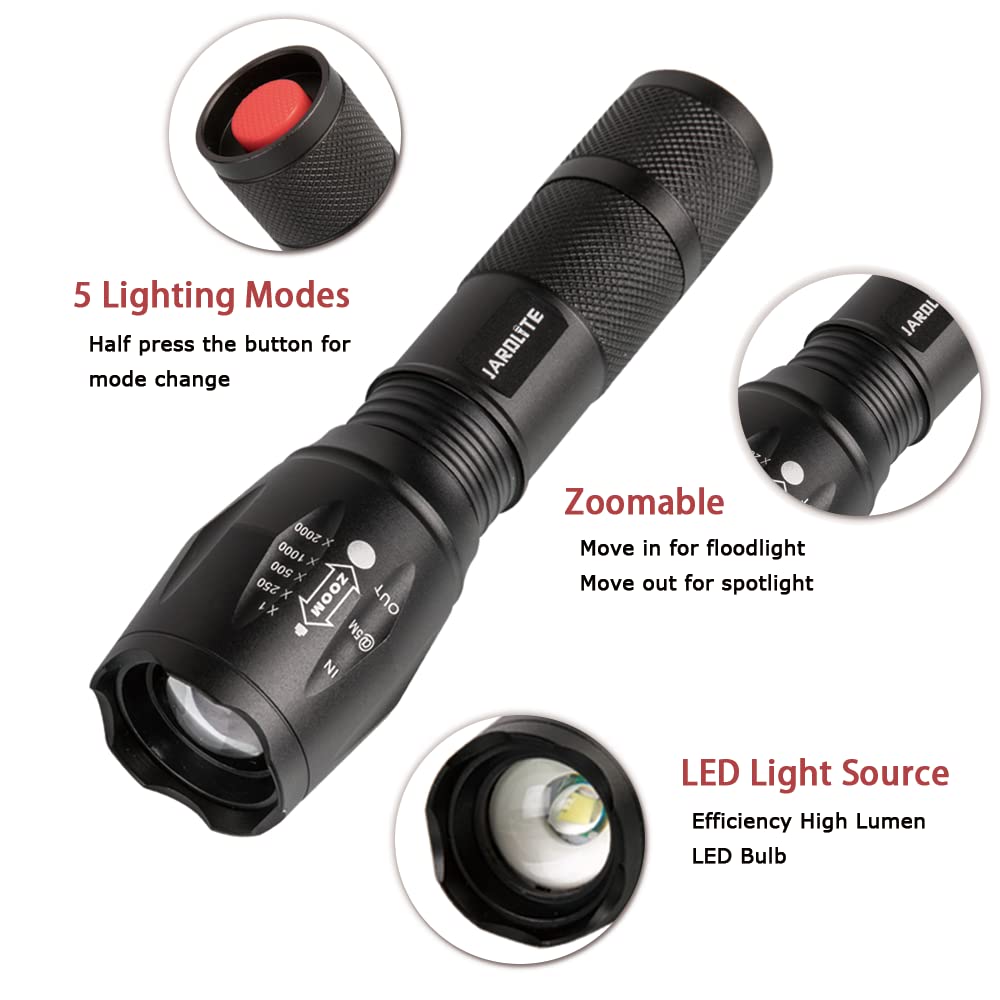 JARDLITE LED Emergency Handheld Flashlight with Adjustable Focus, Water Resistant, 5 Modes, Best Tactical Flashlight for Emergency, Camping and Fishing, 2 Pack
