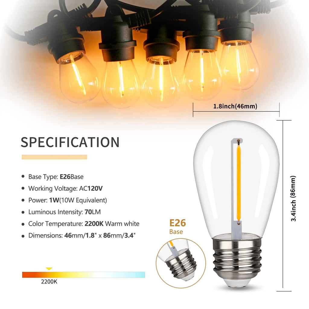 S14 Replacement LED Light Bulbs, Shatterproof & Waterproof 1W S14 LED Bulbs, E26 Base Patio Edison LED Light Bulbs for Outdoor String Lights , Warm White 2200K Plastic 70LM Non-Dimmable 48 Pack