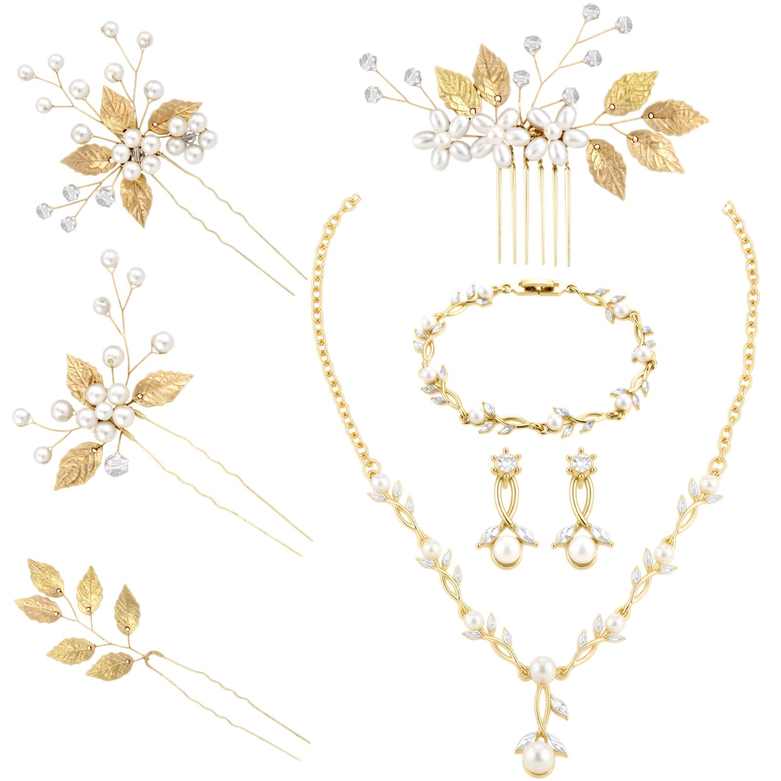 Liliaafar 8 Pcs Crystal Wedding Jewelry Set Women Silver Necklace Earrings Bracelet Hair Pins Gift for Brides Bridesmaid Wife Mother Friend Party Prom Jewelry Accessories (Leaf)