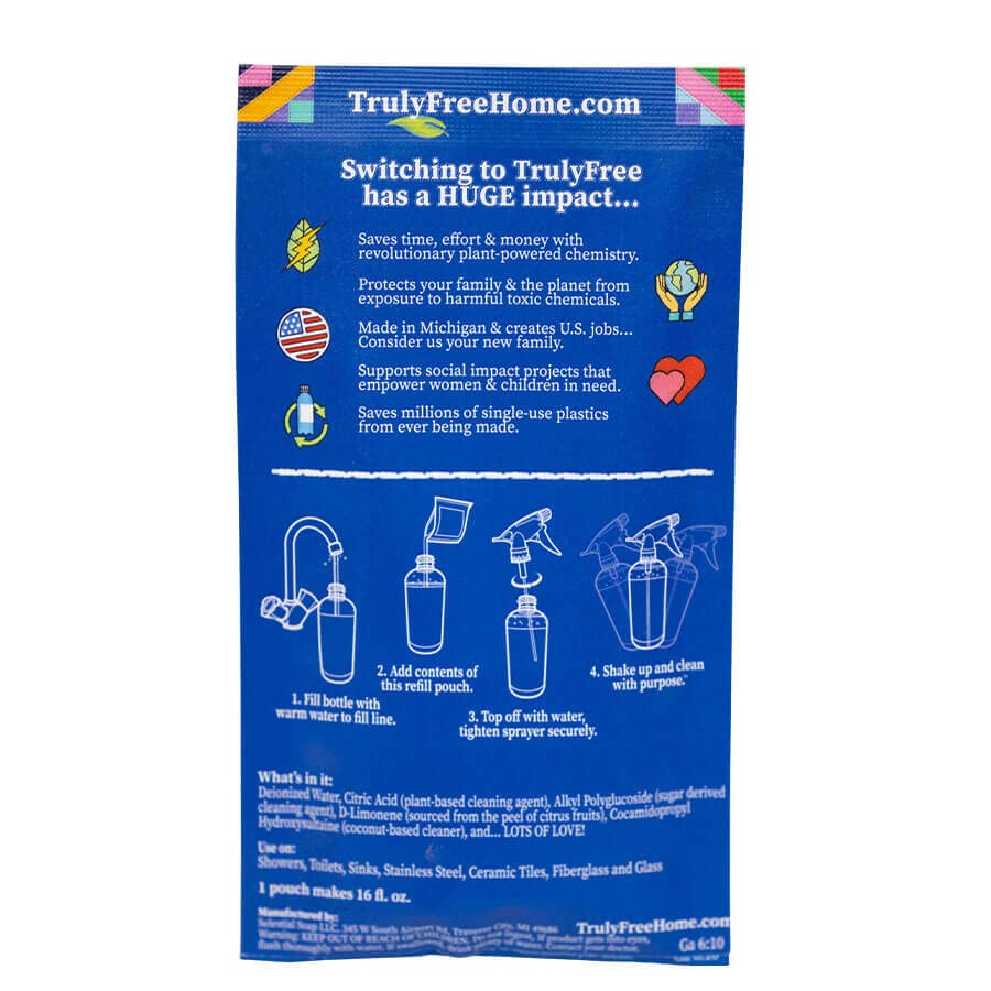 Truly Free All Natural Non-Toxic Bathroom Cleaner Spray, Organic Bath & Tile Cleaning Solution for Toilet, Sink, Tub & Shower, Refillable 2-Pack with 16oz Bottle + 2 Refill Pouches