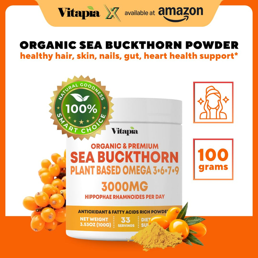 Organic Sea Buckthorn Extract Powder with Natural Omega 7 & Omega 3 6 9 for Heart Health, Skin, Immune Support - 100g Powder Supplement & 33 Day Supply - Non-GMO, Gluten-Free, Vegan-Friendly