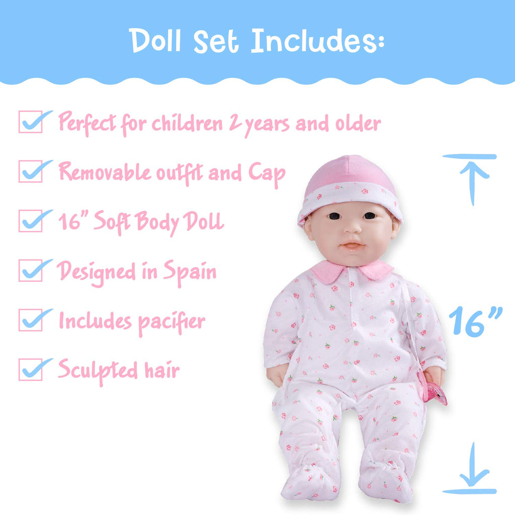 JC Toys Asian 16-inch Medium Soft Body Baby Doll La Baby | Washable |Removable Pink Outfit w/Hat and Pacifier | for Children 12 Months +, Asian Pink