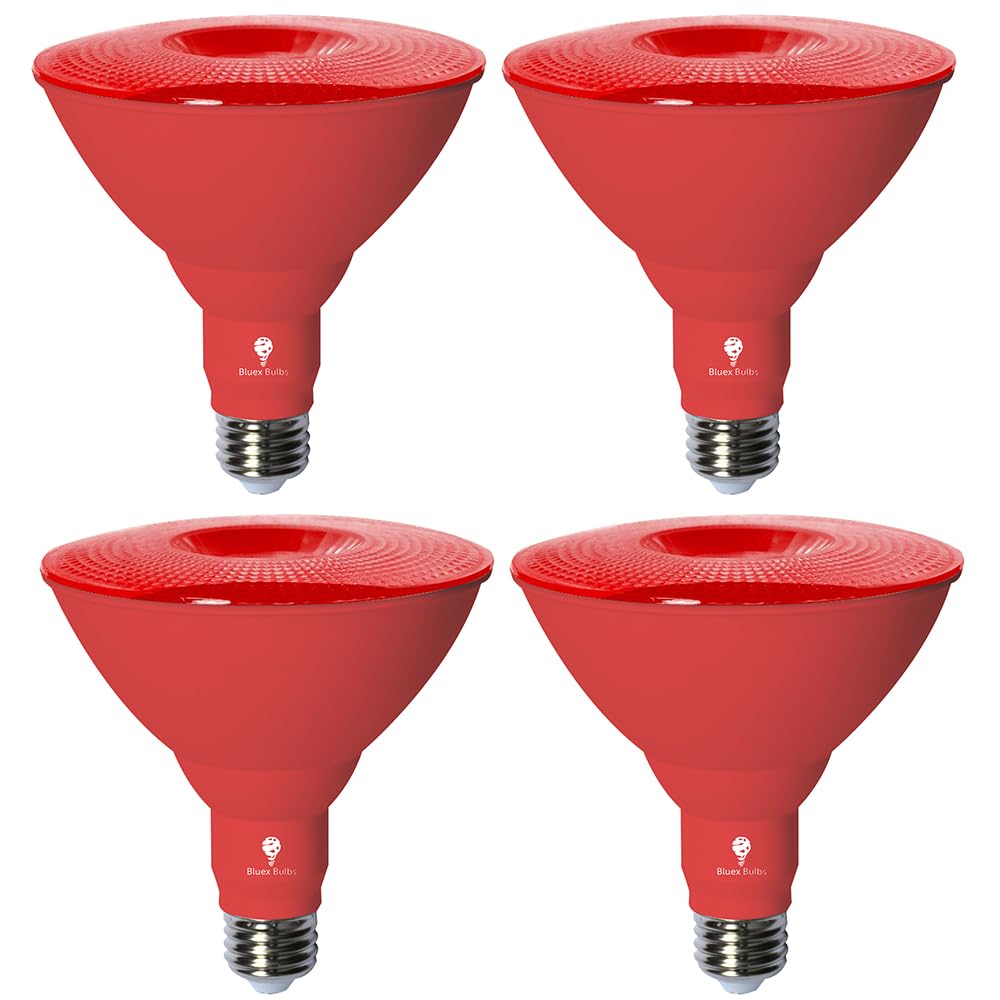 Bluex Bulbs Par38 LED Flood Light Bulb - 18W (120Watt Equivalent) - Dimmable - E26 Base - LED Lights, Party Decoration, Porch, Home Lighting, Holiday Lighting, Flood Lights (Red, 4 Pack)