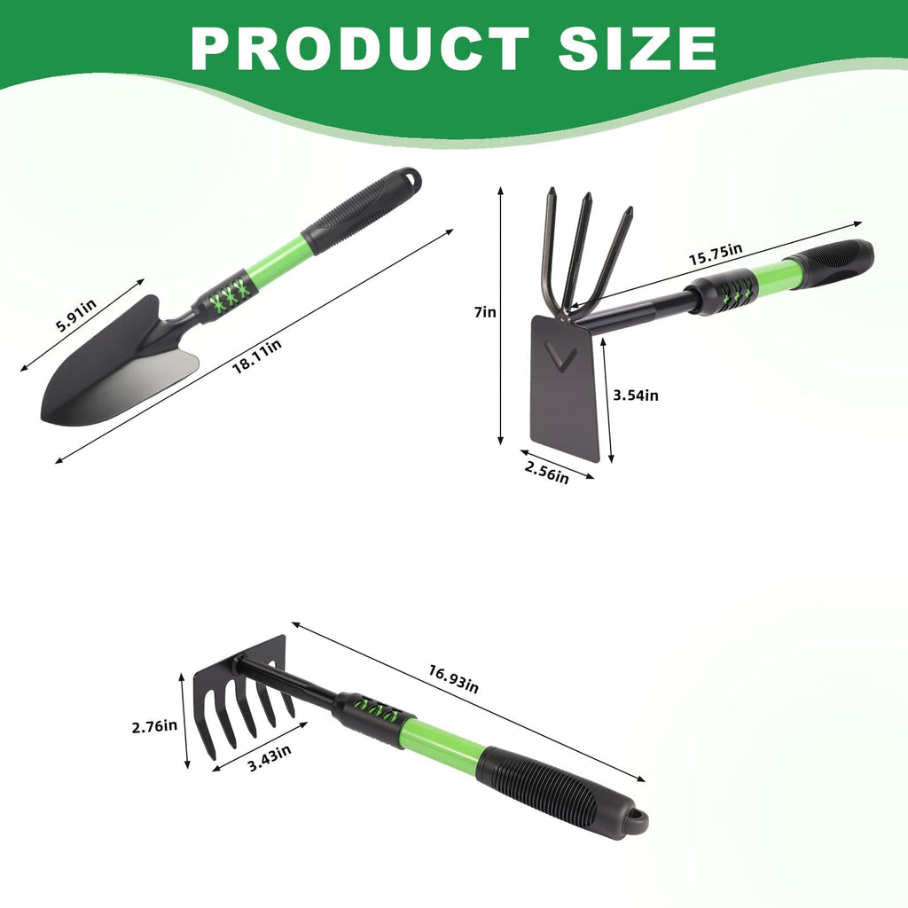 Zenrok Gardening Tool, 3 Pack Lightweight Heavy Duty Spade Shovel, Garden Tools and Hand Rake with Soft Rubber Non-Slip Handle, for Gardenging Planting Weeding Digging, Green ﻿