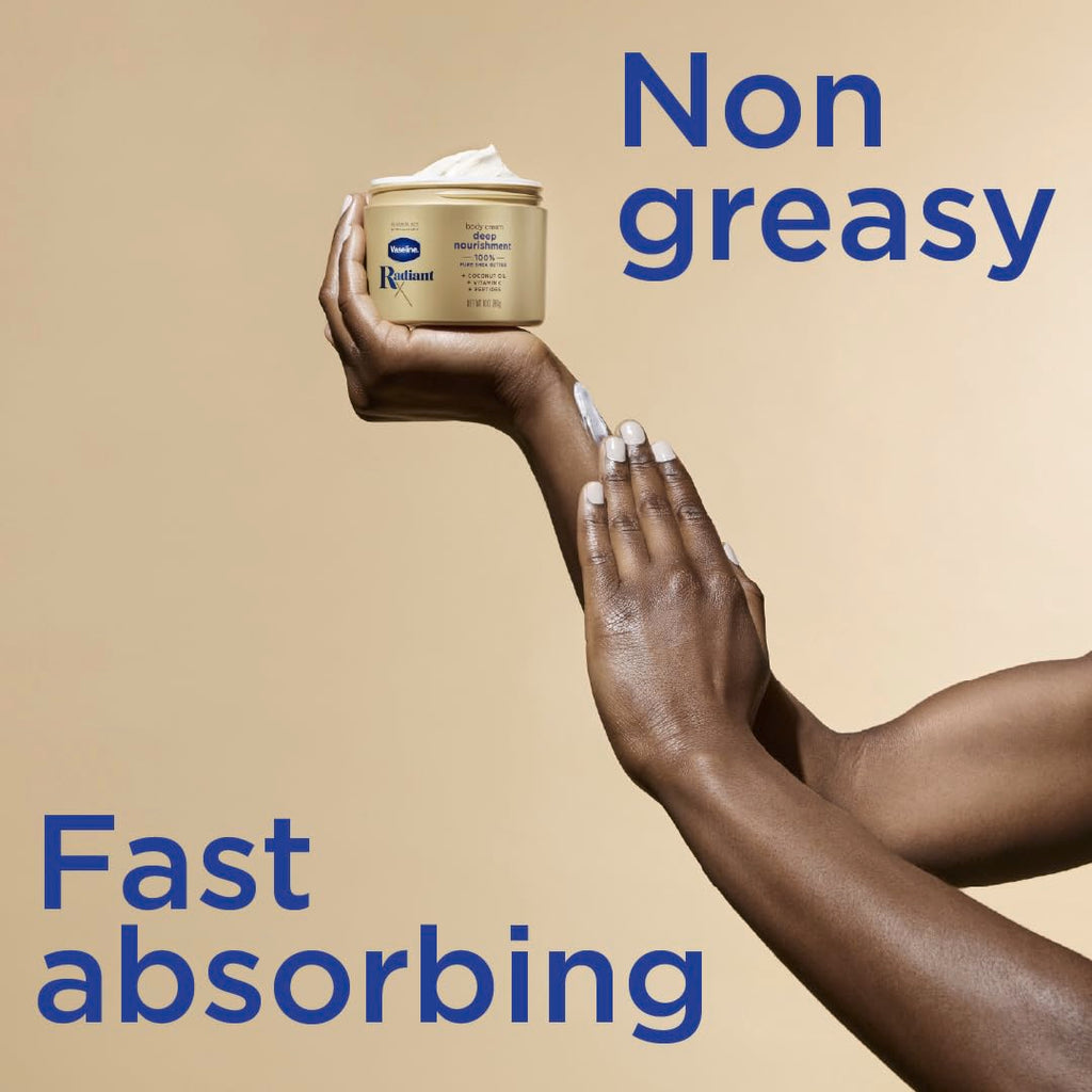 Vaseline Radiant X Deep Nourishment Body Cream 100% Pure Shea Butter, Coconut Oil, Vitamin C, & Peptides 10 oz