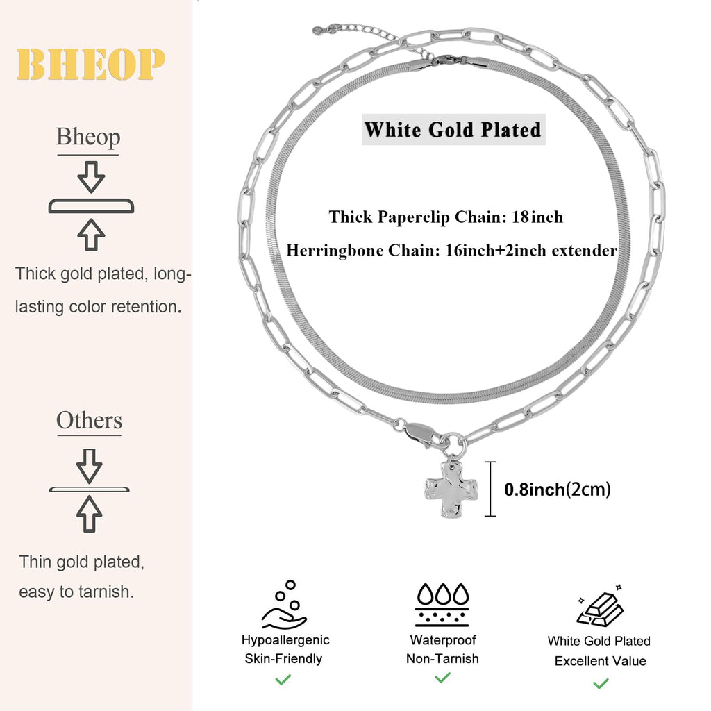 Bheop Chunky Cross Necklace for Women, Silver Layered Herringbone Necklace