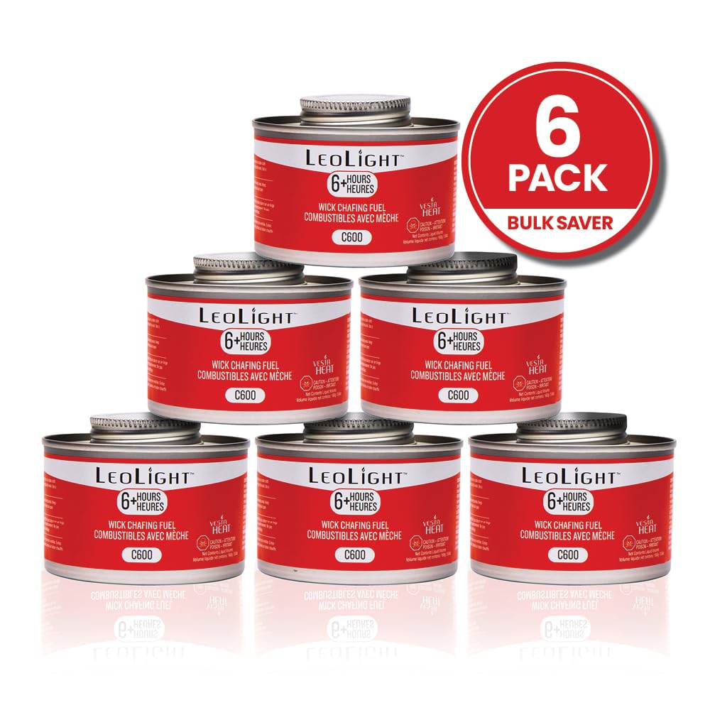 6 Pack Chafing Fuel 6 Hour Burn – Odorless, Smokeless & Spill-Proof Wick, 7oz Food Warmer Fuel for Chafing Dish Buffet Set & Catering Use, LeoLight