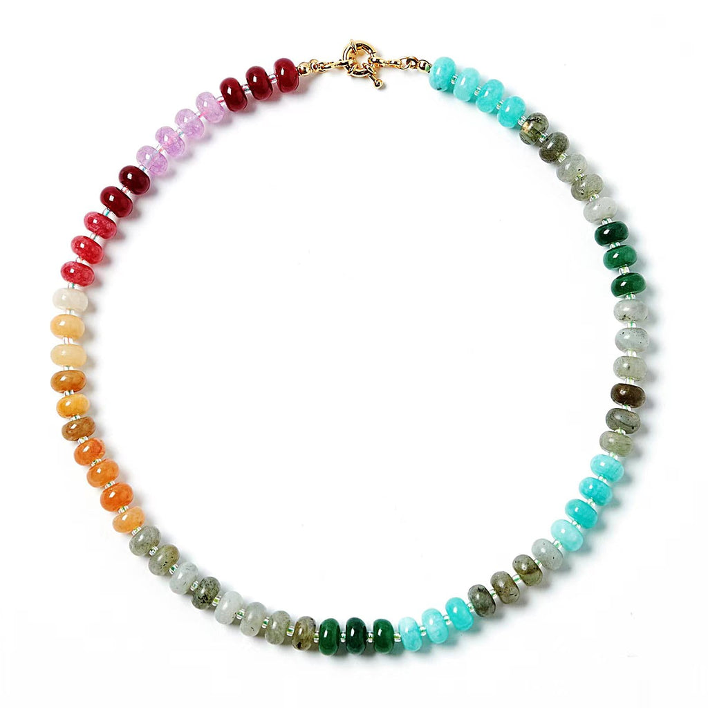 Zissunbeam Bead Gemstone Choker Necklace for Women,Colorful Natural Stone Beaded Statement Boho Beach Charm Necklace Jewelry for Women,Rainbow Stone Charm Trendy Necklaces