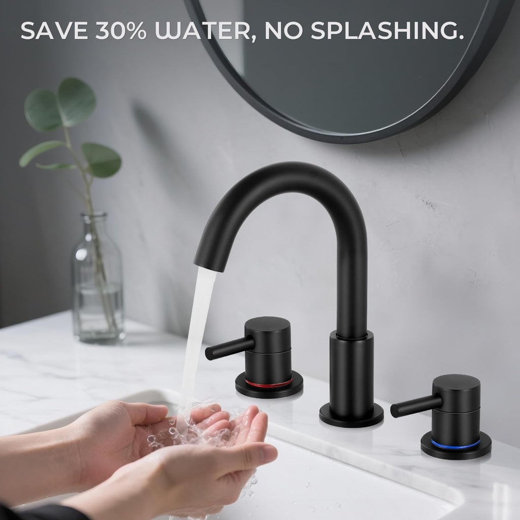 IUERASD Bathroom Faucet 3 Hole, Matte Black Bathroom Sink Faucet with Pop Up Drain, 8 inch Widespread Bathroom Faucet with 360° Swivel Spout, 2 Handle Vanity Faucet with Water Supply Hoses