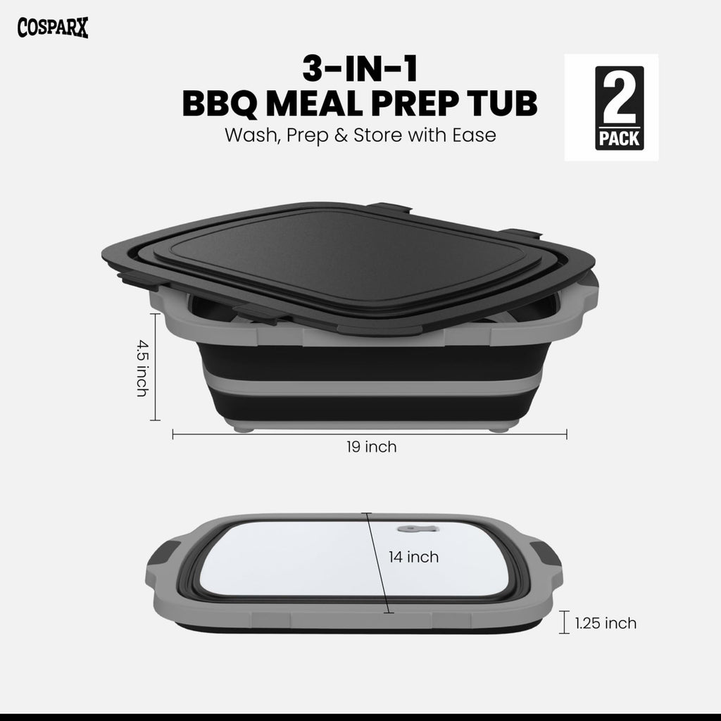 XL Collapsible BBQ Prep Tub with Cutting Board & Drain Plug – Portable Food Prep Station for Kitchen, Camping & Grill – Dishwasher Safe, Space-Saving Design – Heat-Resistant Glove Included (2-pack)