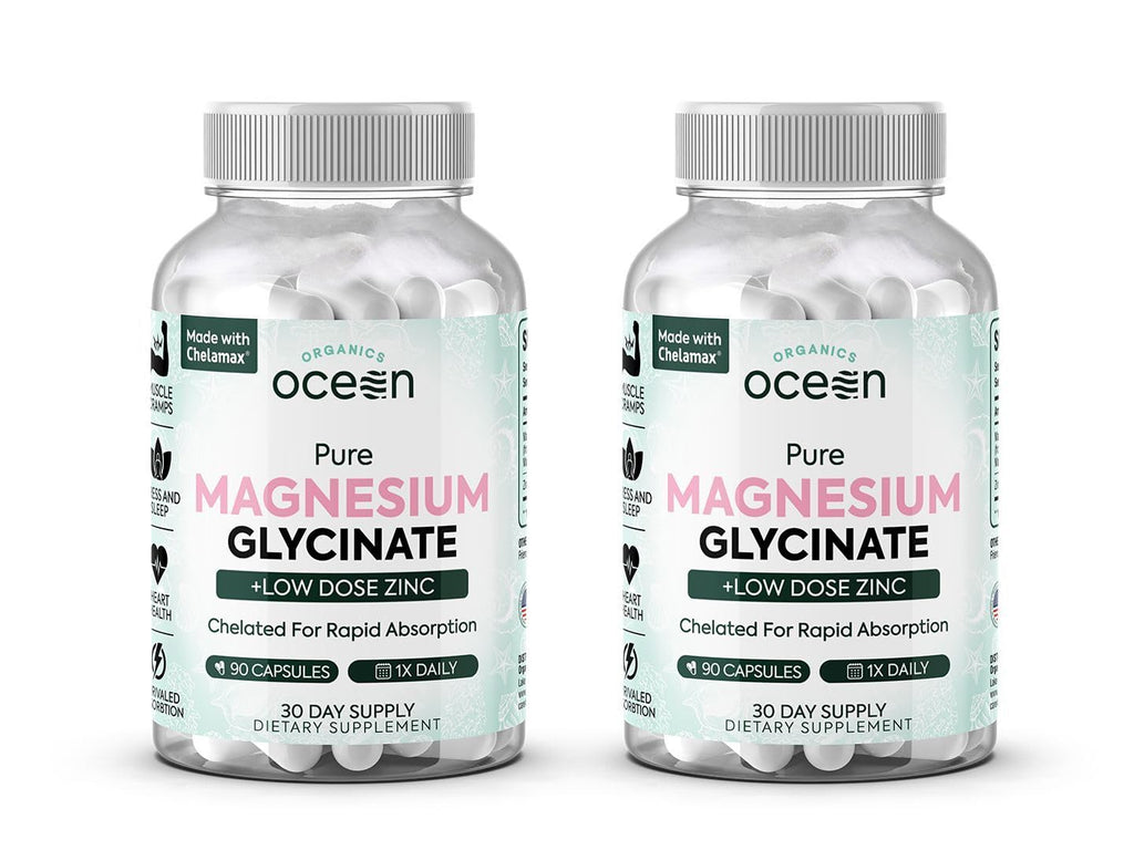 Organics Ocean Pure Magnesium Glycinate with Zinc - Maximum Strength Chelated Magnesium Supplement for Women and Men for Muscle Cramps and Sleep Support - 2 Bottles