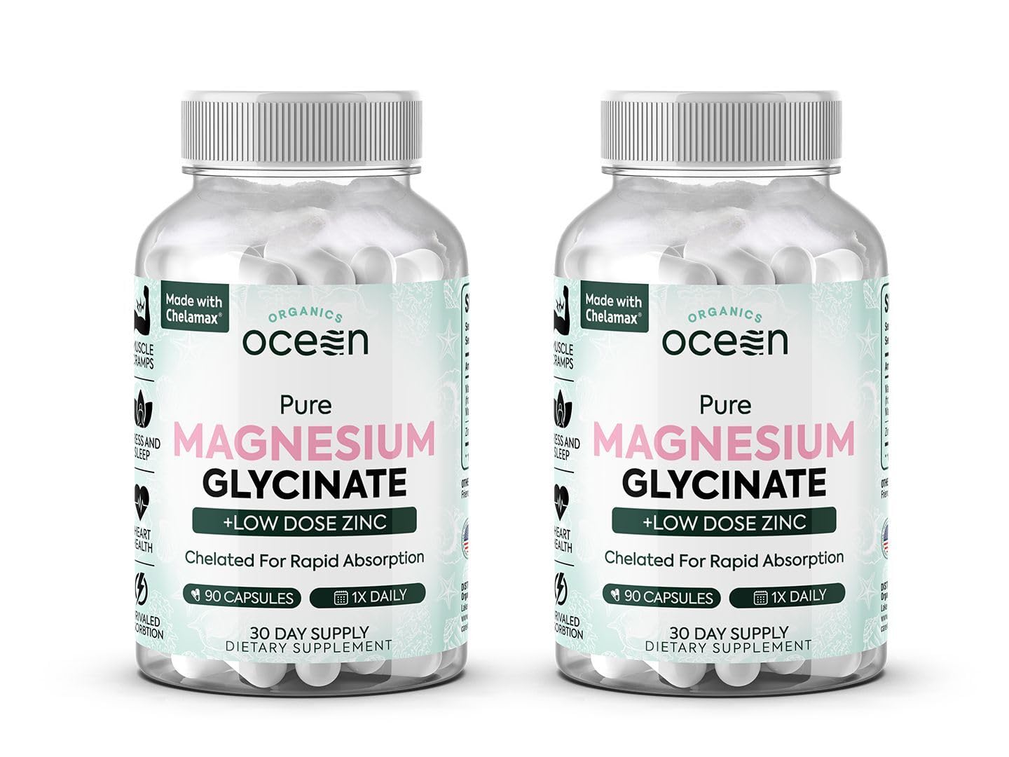 Organics Ocean Pure Magnesium Glycinate with Zinc - Maximum Strength Chelated Magnesium Supplement for Women and Men for Muscle Cramps and Sleep Support - 2 Bottles