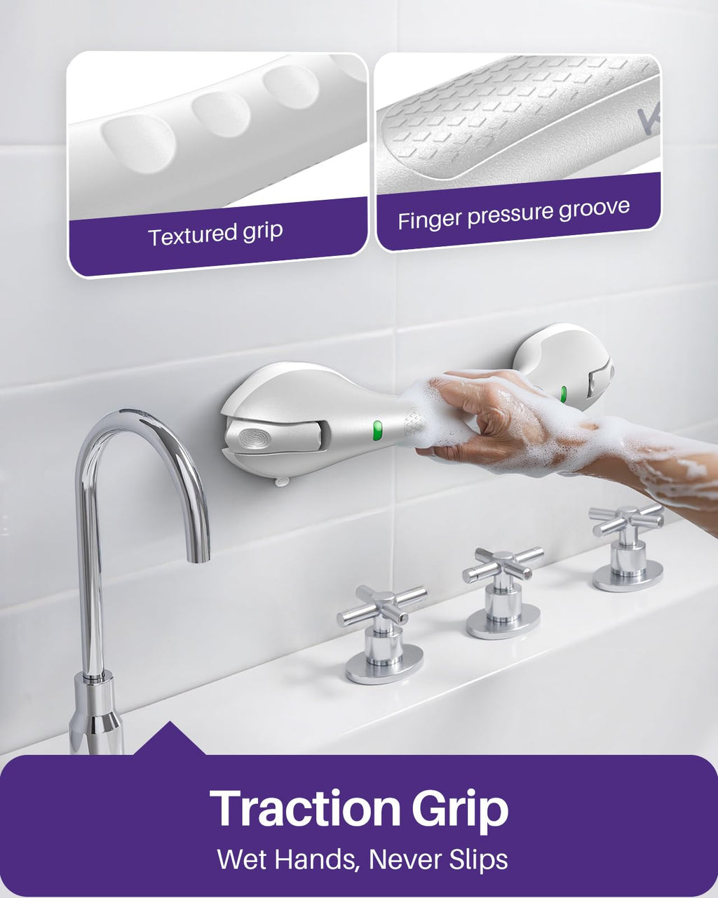 KEKOY 17.5 Inch Suction Grab Bars for Bathtubs & Showers with Indicator 2 Pack- Heavy Duty Safety Shower Handle for Seniors and Elderly, Handicap Bars for Bathroom, No Drilling, Silver