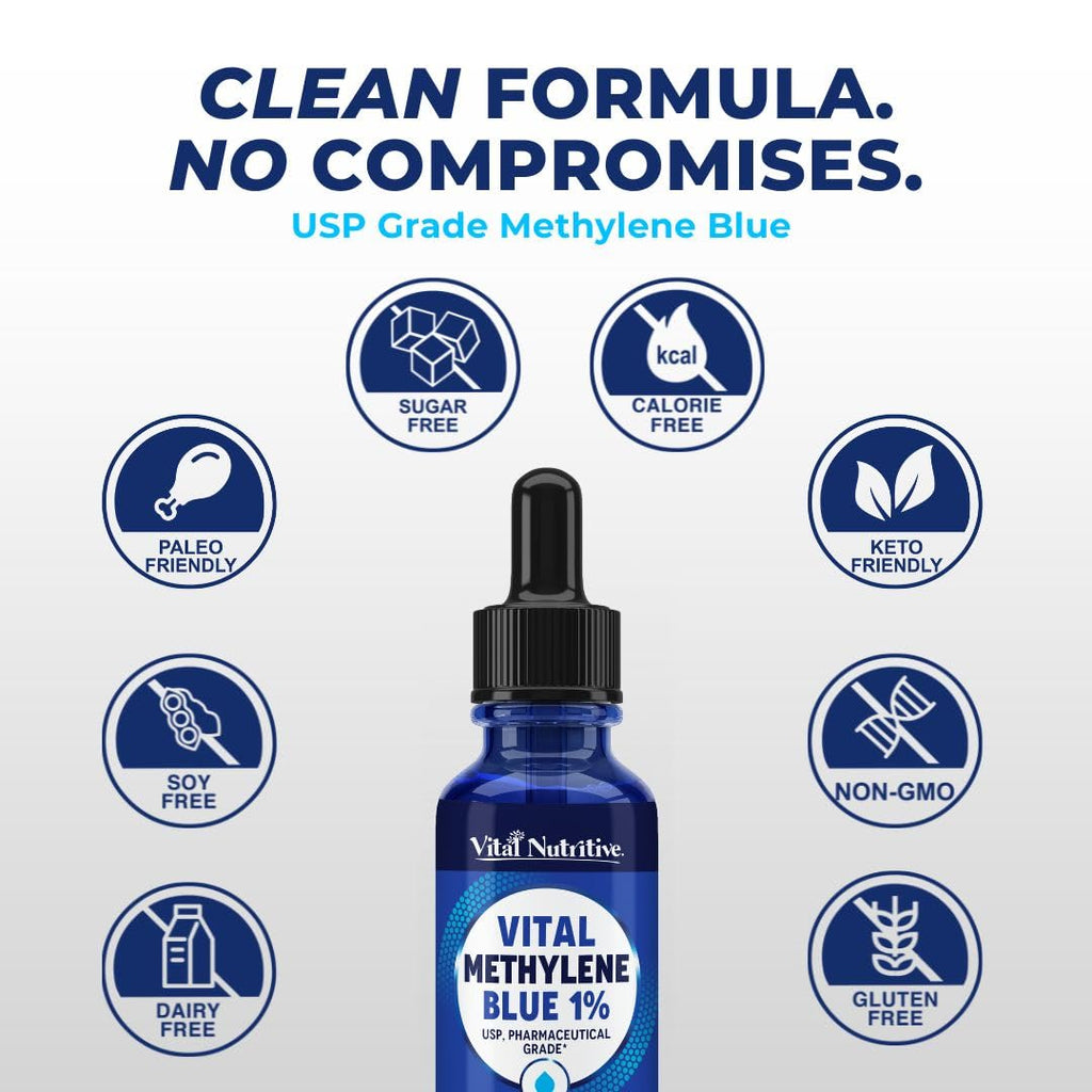 Vital Methylene Blue Drops 1% – Pharmaceutical Grade Methylene Blue for Humans, Supports Cellular Energy & Cognitive Balance, Vegan, Non-GMO – 1 fl oz (30 mL)
