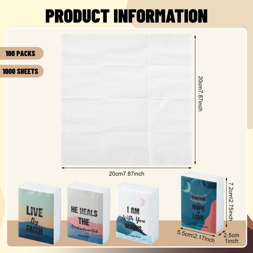 NatNarr 100 Pack Travel Tissue Pocket Tissues, Bulk 1000 Sheet Mini Tissues 3 Ply Small Travel Size Paper Individual Pocket Size for Easter Weddings Birthdays Travel Picnics（Bible）