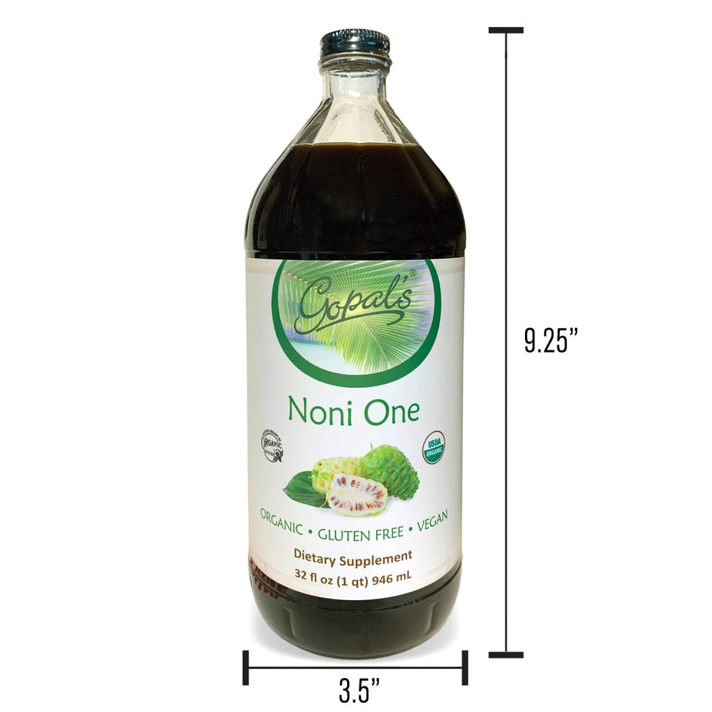 Noni One | 100% Pure Organic Noni Juice - 32oz Glass Bottle (1 qt) | Gluten-Free and Vegan Superfruit Supplement, 30 grams of Noni Juice Per Serving, Vitamin and Antioxidant Rich | Gopal's Healthfoods