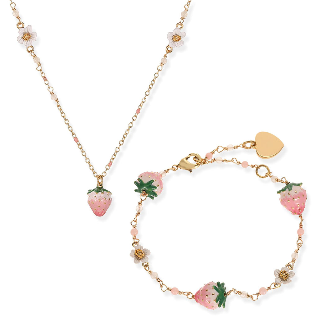 BSL juicy Women's Stylish Versatile Bracelet - Elegant White Flower, Pink Strawberry Charm, Fresh & Sweet Bohemian Design Jewelry, Perfect Friendship Gift for Friends & Loved Ones