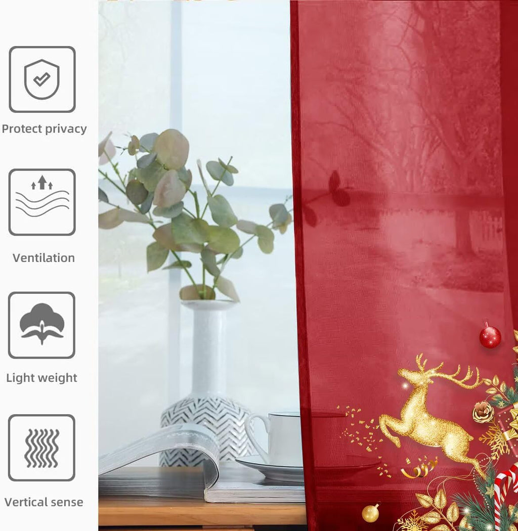 youleyar Solid Sheer Rod Pocket Curtain Voile Draperies 4 Panels White Beige Black Grey Ivory 52 Inch Width 96 Inch Long 1 Pair for Kitchen Bedroom Children Living Room Yard(Christmas Red,52 W���96 L)