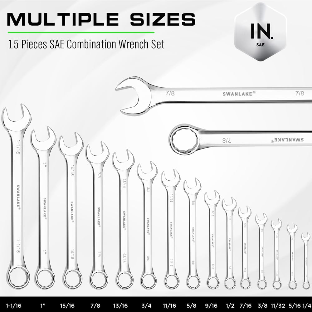 SWANLAKE 15-Piece SAE Wrench Set, V Notch Premium Combination Wrenchs Set, SAE 1/4" to 1-1/16", Max Torque, 12-Point, Chrome Vanadium Steel, with Storage Rack