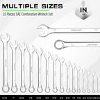 SWANLAKE 15-Piece SAE Wrench Set, V Notch Premium Combination Wrenchs Set, SAE 1/4" to 1-1/16", Max Torque, 12-Point, Chrome Vanadium Steel, with Storage Rack