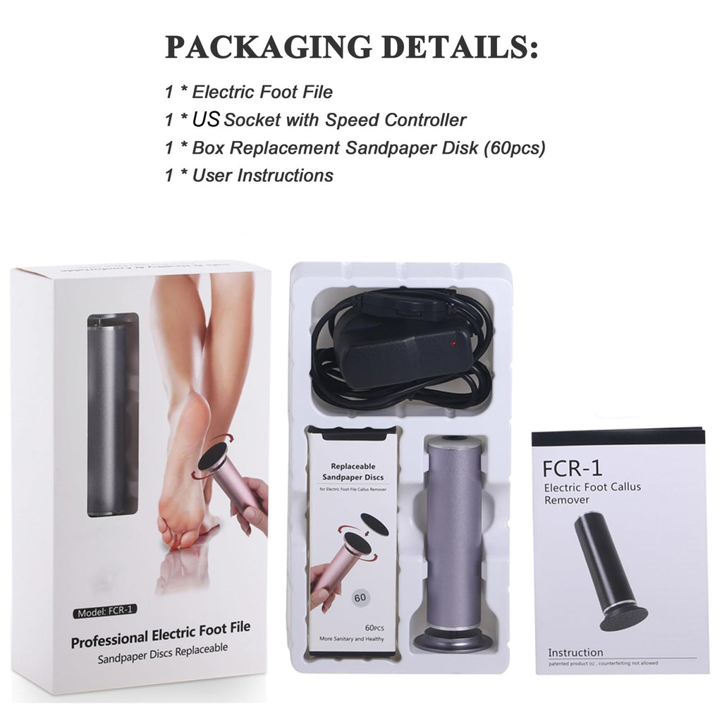 Electric Callus Remover for Feet, Adjustable Various Speed, Powerful Electric Foot File Sander Scrubber Foot Grinder for Dead Skin with 60 Replacement Sanding Discs, 01Gray
