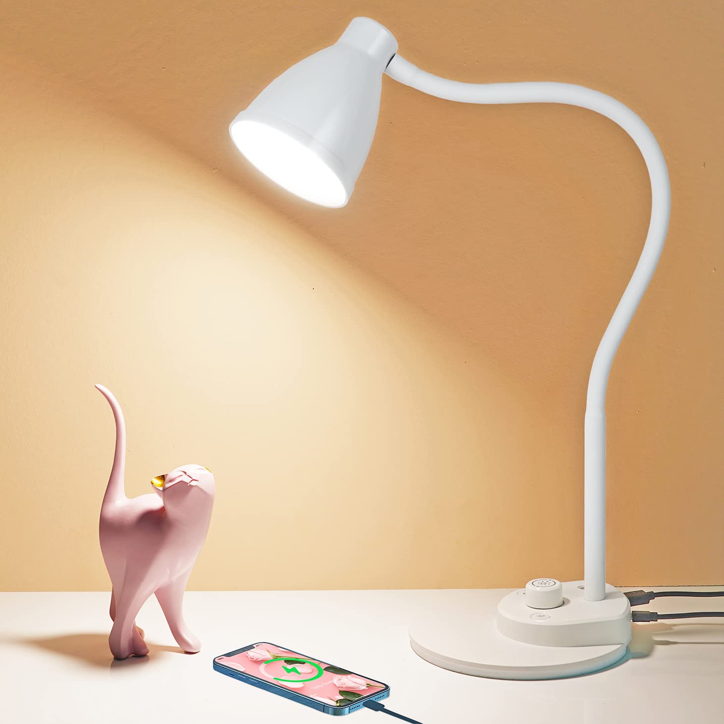 BOHON LED Desk Lamp with USB Charging Port, 3 Color Modes Dimmable Reading Lamp, Auto Dimming Task Lamp, Flexible Neck Table Light for Dorm Bedside, Adapter Include, White