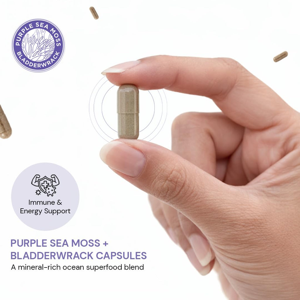 BocaHeal Purple Sea Moss + Bladderwrack Capsules | 2202mg Complete Nutrient Profile - Wildcrafted & Wildharvested Seaweed Blend for Daily Wellness – 60 Seamoss Pills & Sea Moss Capsules | Made in USA