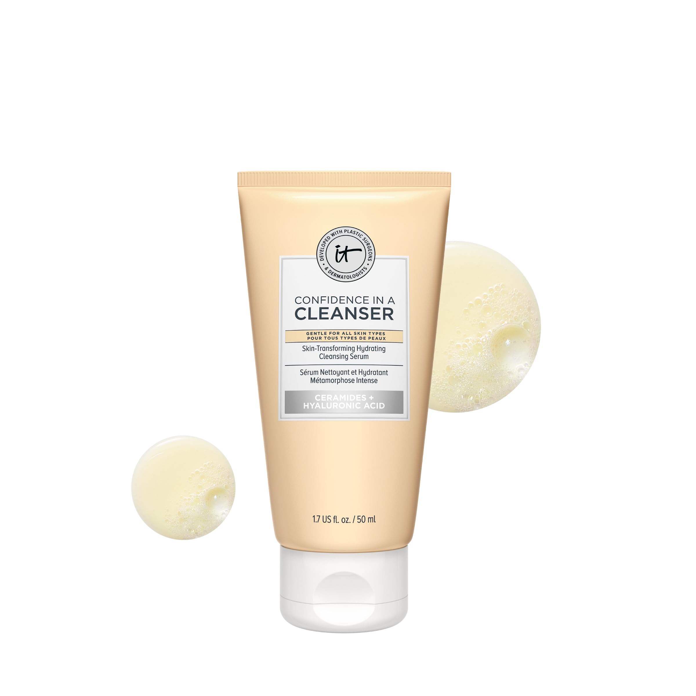 IT Cosmetics Confidence in a Cleanser Travel - Hydrating Serum Foaming Face Wash With Hyaluronic Acid & Ceramides, Gentle Makeup Remover, Skin Barrier Support, Non-Stripping, Sulfate-Free - 1.7 fl oz