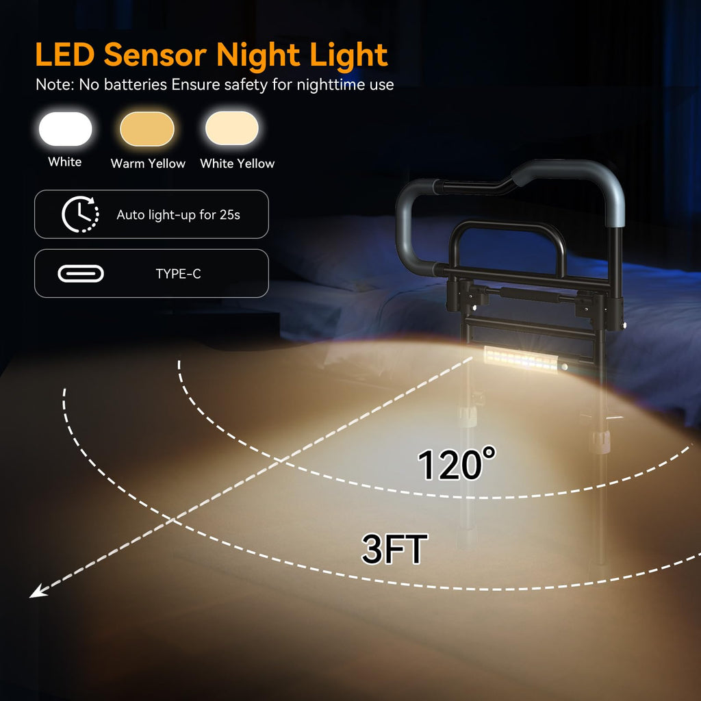 Bed Rails for Elderly Adults Safety, Foldable Bed Assist Rails for Seniors with Sensor Light & Storage Pocket, Adjustable Height, 180° One-Hand Folding Bed Side Rails Fit King Queen Full Twin
