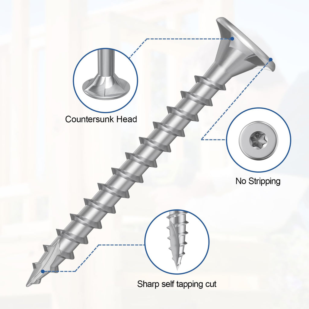 #8 x 1.5 Stainless Steel Deck Screws, 150Pcs Deck Screws T20 Star Bit, 410 Grade Stainless Steel, Rust Resistant Timber Screws for Log Landscaping Wood