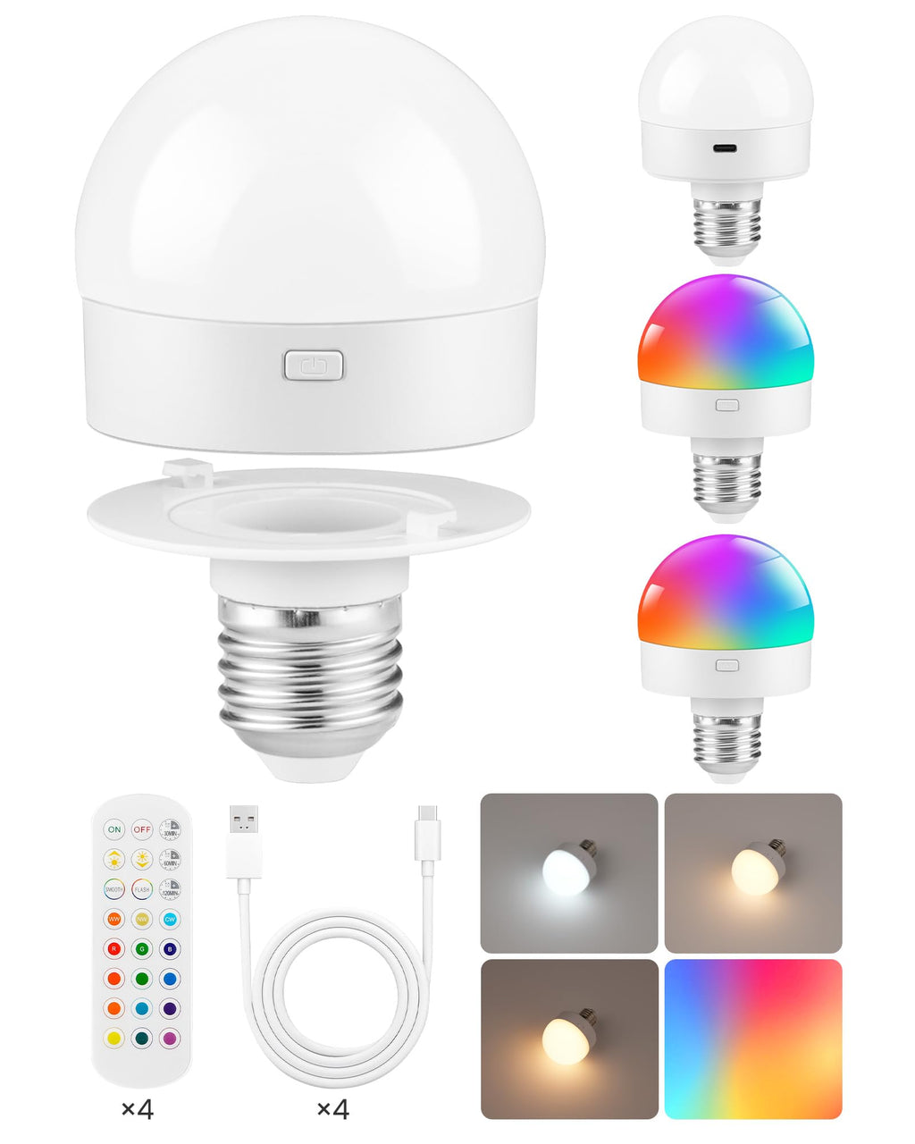 GOEBLESON Rechargeable Light Bulbs with Remote Control, 4 Packs Battery Operated Light Bulbs, 3 Timer 15 Colors Selectable, Dimmable Wireless RGB LED Bulb for Wall Sconce, Non-Hardwired, R01YBP406