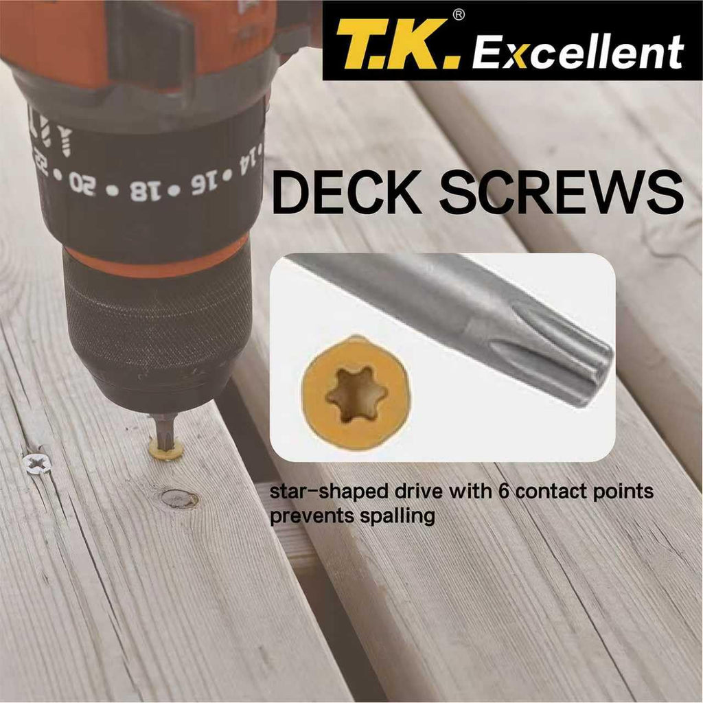 T.K.Excellent Deck Screws 3-1/2 Inch Wood Screws #10 x 3-1/2, 330 Pcs, Rust Resistant Structural Fence Screws Torx Drive Screw, Two T25 Bits, Brilliant Yellow Ruspert Coating Rust Proof