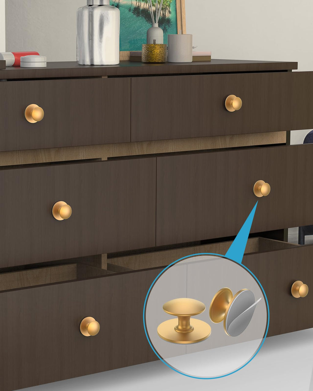 MeBantoo 10 Pack Gold Self-Adhesive Cabinet Knobs, Self-Stick Hardware Kitchen Cabinet Handles, No-Punch Peel and Stick Drawer Knobs for Refrigerators, Dressers, Windows, Closets